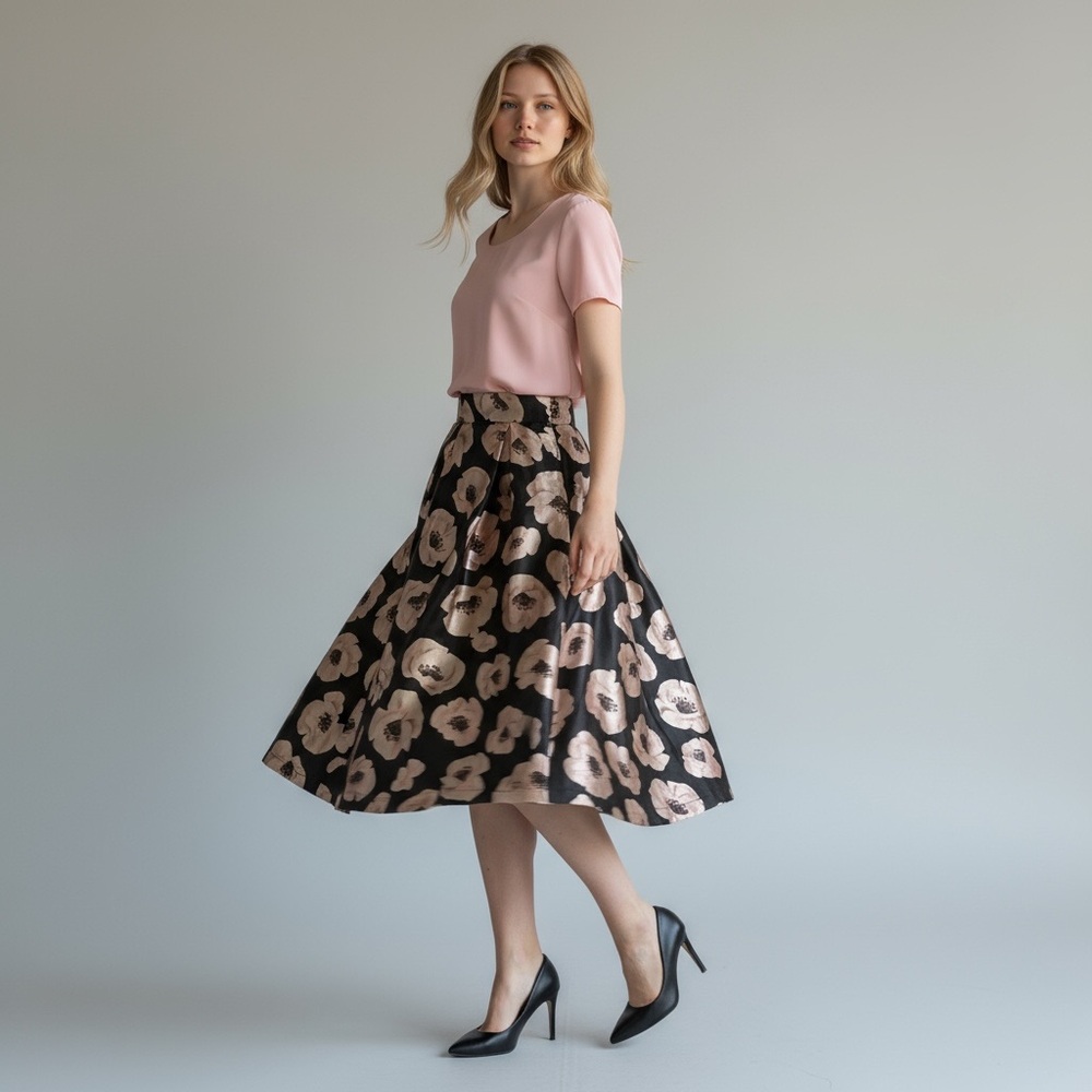 Floral Black and Pink Midi Skirt